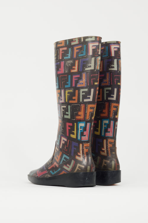 Fendi Black 
Multicolour FF Print Rubber Rain Boot