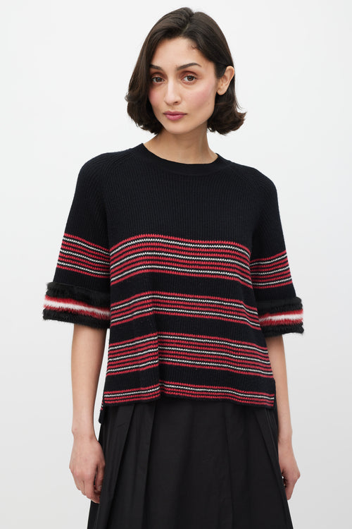 Fendi Black 
Multicolour Striped Fur Trim Knit Sweater