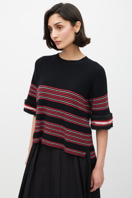 Fendi Black 
Multicolour Striped Fur Trim Knit Sweater