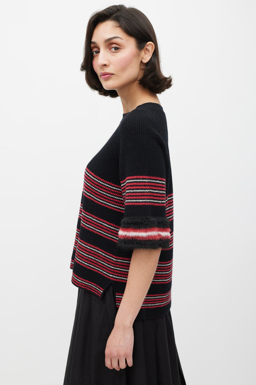 Fendi Black 
Multicolour Striped Fur Trim Knit Sweater