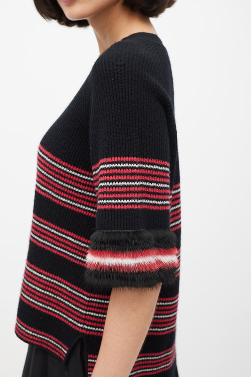 Fendi Black 
Multicolour Striped Fur Trim Knit Sweater