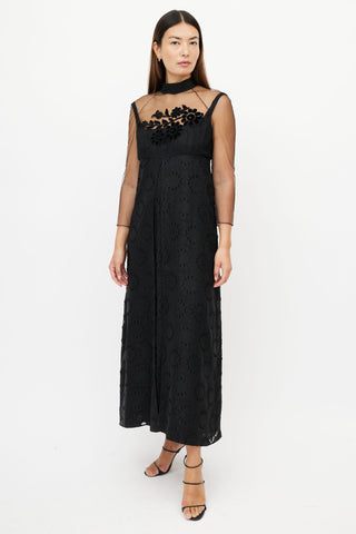 Fendi Black Sheer Floral Embroidered  Dress