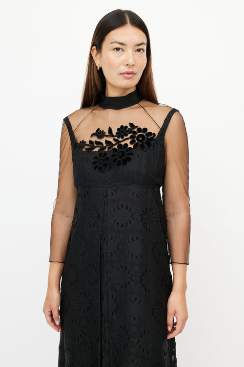 Fendi Black Sheer Floral Embroidered  Dress