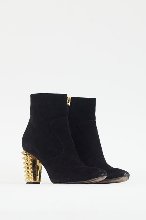 Fendi Black Suede 
Gold Spike Heel Boot