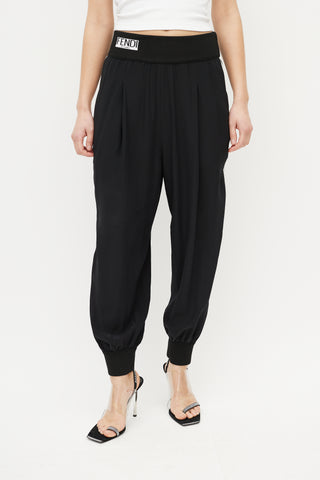 Fendi Black 
White Silk Ribbed Logo Jogger