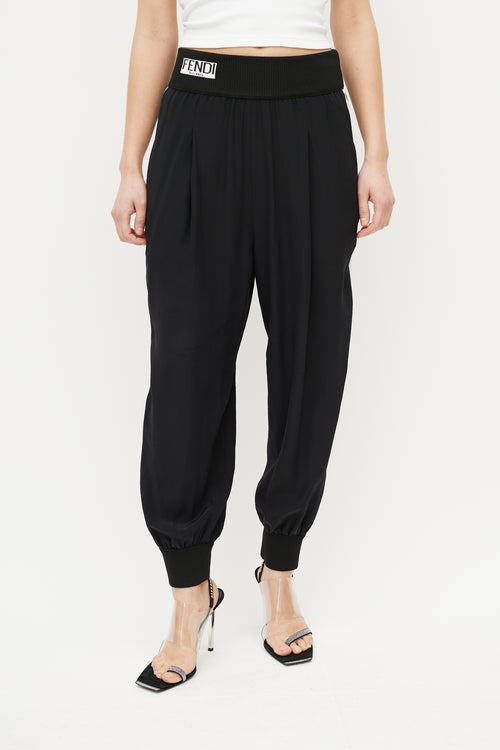 Fendi Black 
White Silk Ribbed Logo Jogger