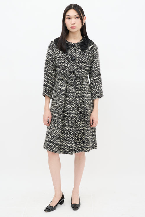 Fendi Black 
White Wool Woven Fur Trim Coat