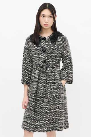 Fendi Black 
White Wool Woven Fur Trim Coat