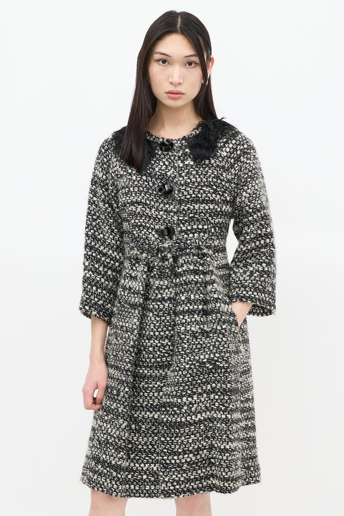 Fendi Black 
White Wool Woven Fur Trim Coat