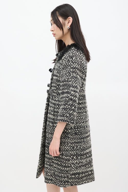 Fendi Black 
White Wool Woven Fur Trim Coat