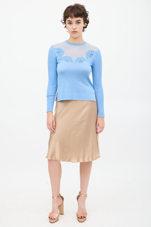 Fendi Blue Silk Knit Sheer Floral Top