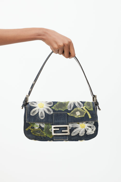 Fendi Blue 
Multi Floral Mesh Baguette Shoulder Bag