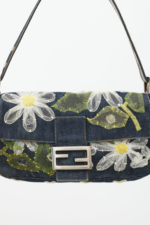 Fendi Blue 
Multi Floral Mesh Baguette Shoulder Bag