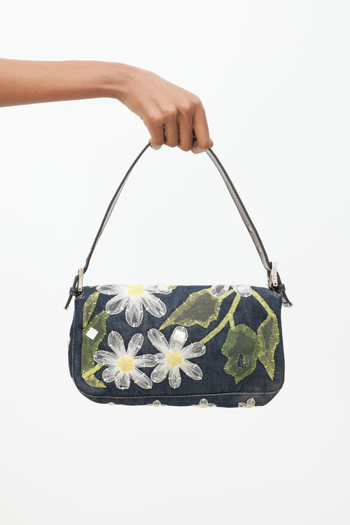 Fendi Blue 
Multi Floral Mesh Baguette Shoulder Bag