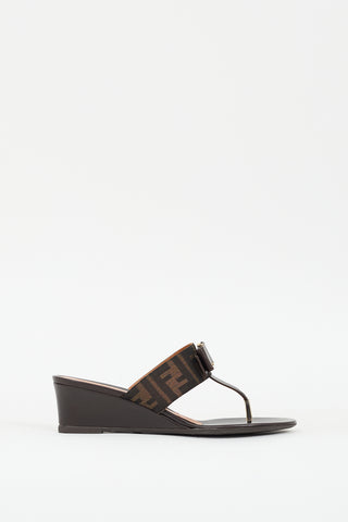 Fendi Brown Leather Zucca T-strap Wedge Sandal