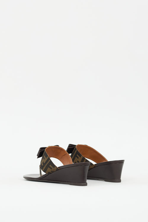 Fendi Brown Leather Zucca T-strap Wedge Sandal