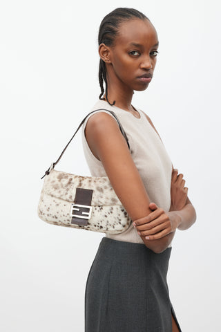 Fendi Cream 
Brown Printed Fur Baguette Bag