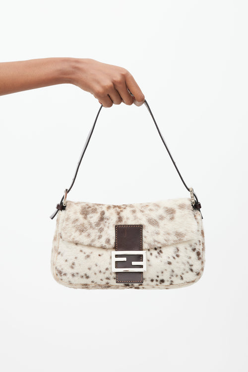 Fendi Cream 
Brown Printed Fur Baguette Bag