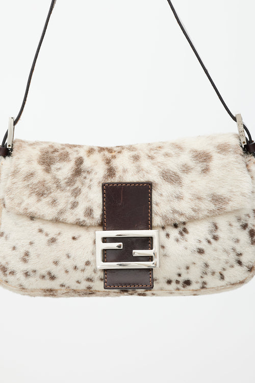 Fendi Cream 
Brown Printed Fur Baguette Bag