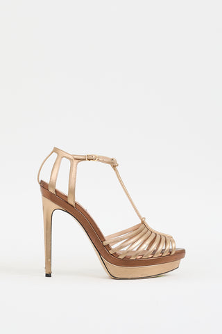 Fendi Gold 
Brown Leather Strappy Platform Heel