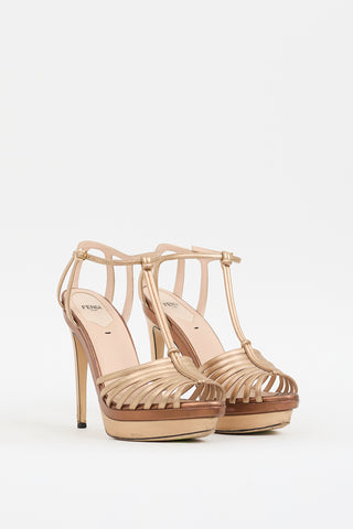 Fendi Gold 
Brown Leather Strappy Platform Heel