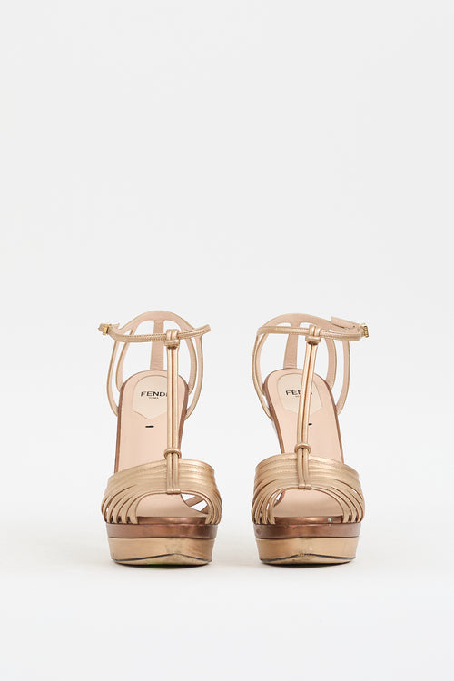 Fendi Gold 
Brown Leather Strappy Platform Heel