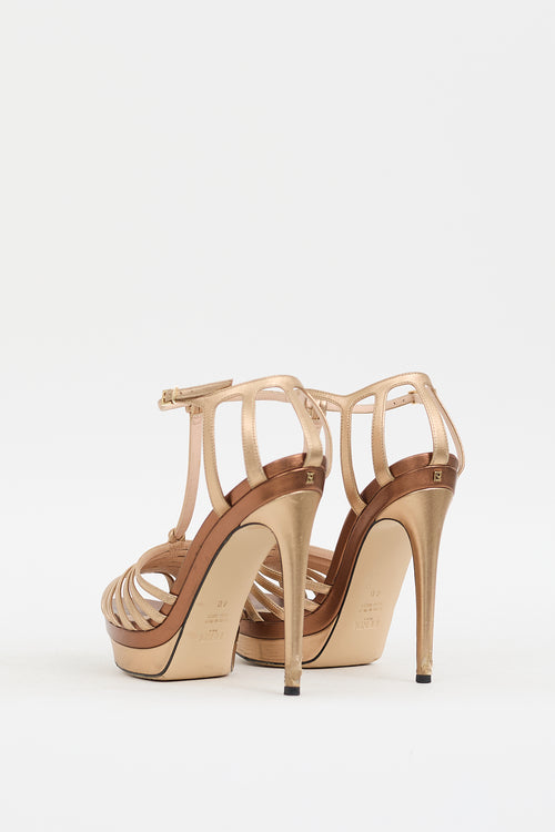 Fendi Gold 
Brown Leather Strappy Platform Heel