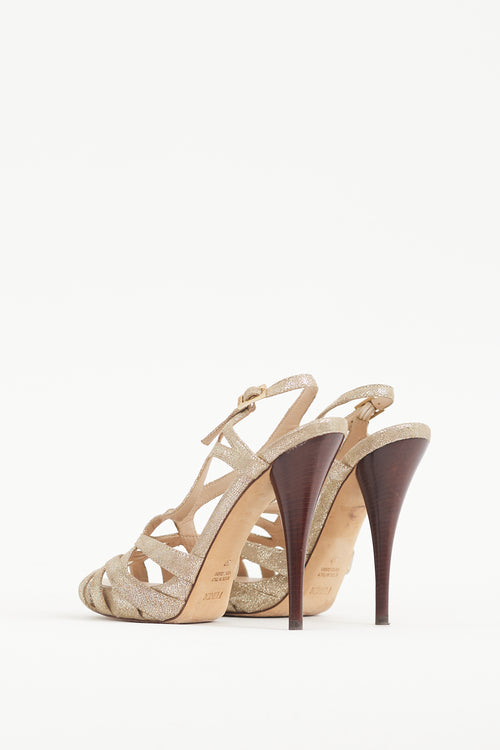 Fendi Gold 
Brown Sparkly Suede Caged Heel