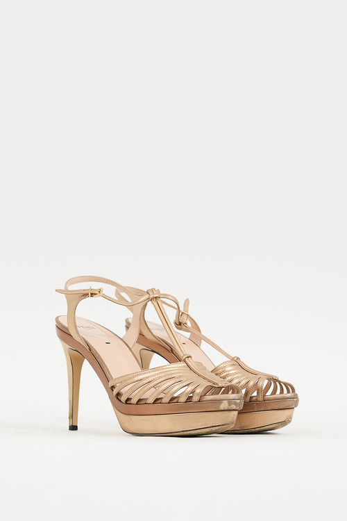 Fendi Gold Leather Strappy Platform Heel