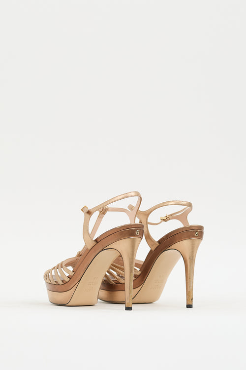 Fendi Gold Leather Strappy Platform Heel