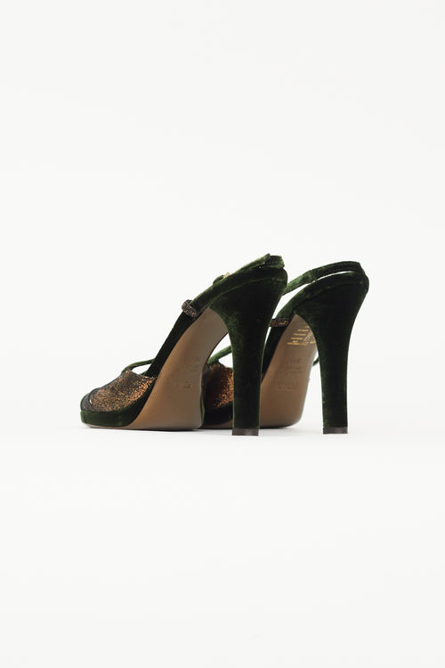 Fendi Green 
Bronze Velvet Heel