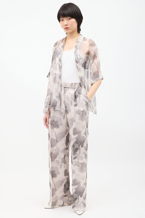 Fendi Grey Silk Mesh Floral Overlay Trouser