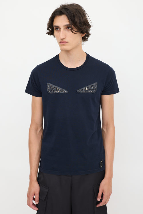 Fendi Navy Cotton Embellished Monster T-Shirt