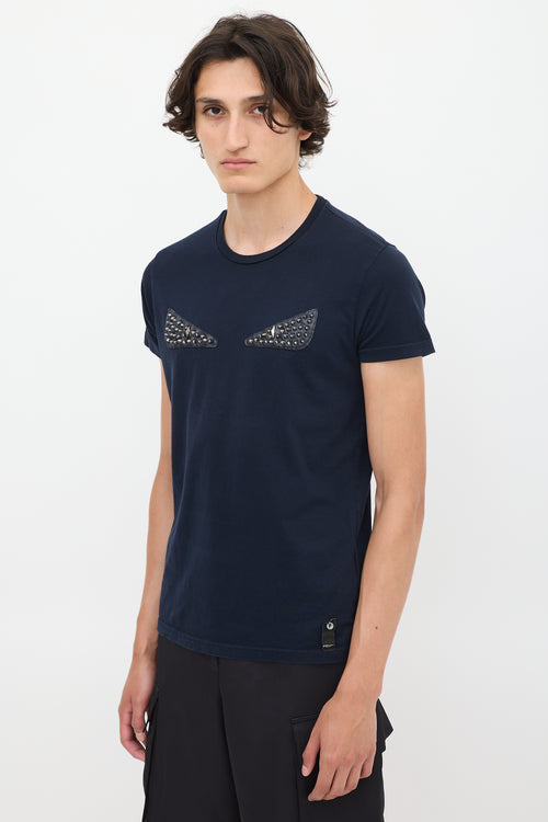 Fendi Navy Cotton Embellished Monster T-Shirt