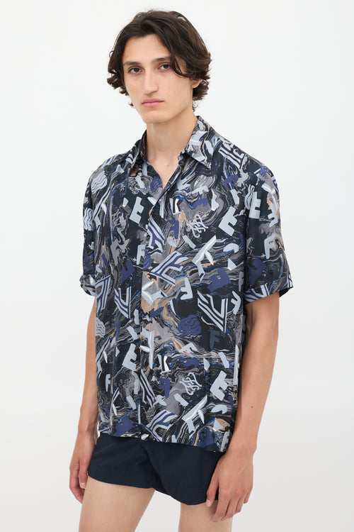 Fendi Navy 
Multicolour Silk Fragment Printed Shirt