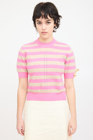 Fendi Pink 
Beige Knit Striped Lace Up Top