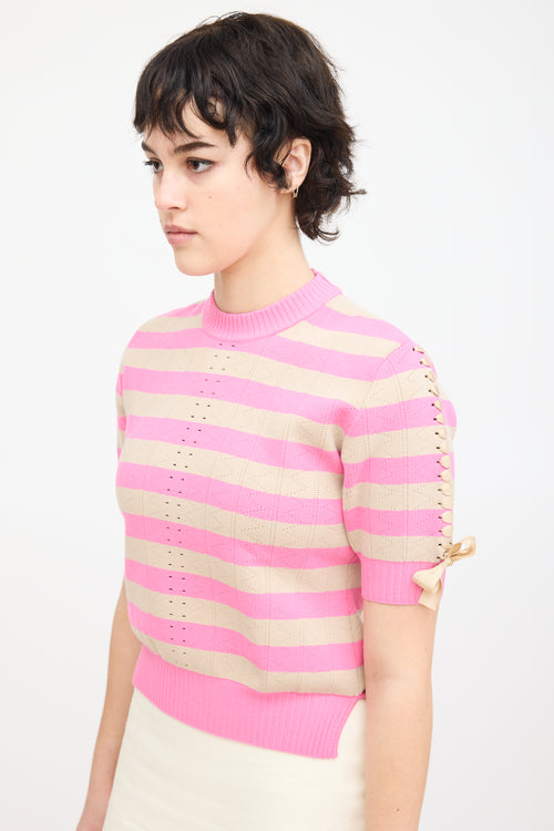 Fendi Pink 
Beige Knit Striped Lace Up Top