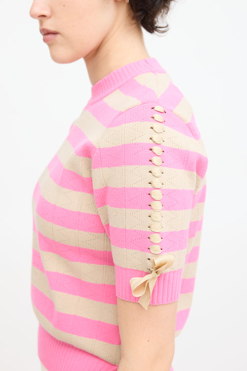 Fendi Pink 
Beige Knit Striped Lace Up Top