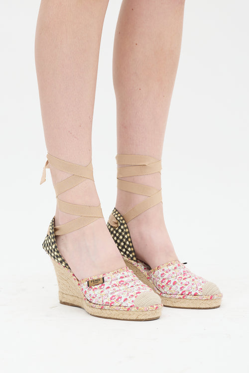 Fendi Pink 
Multi Quilted Floral Espadrille Wedge