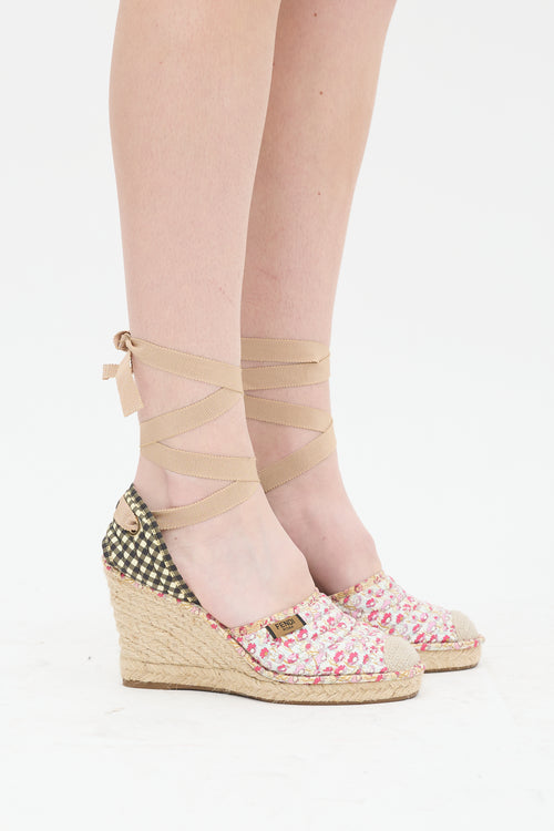 Fendi Pink 
Multi Quilted Floral Espadrille Wedge