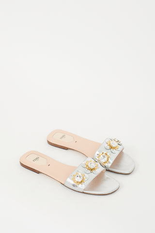 Fendi Silver Metallic Leather Crystal Flowerland Slide