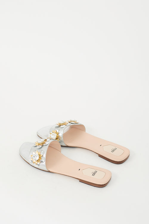 Fendi Silver Metallic Leather Crystal Flowerland Slide