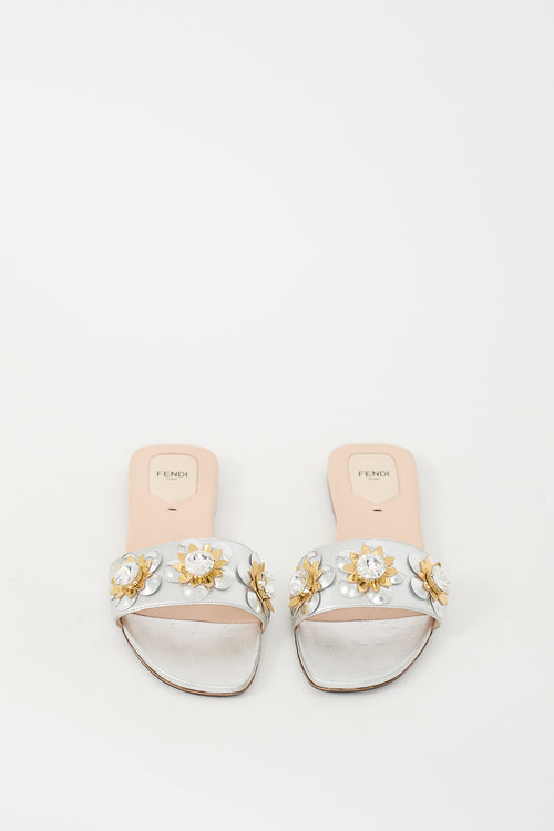 Fendi Silver Metallic Leather Crystal Flowerland Slide