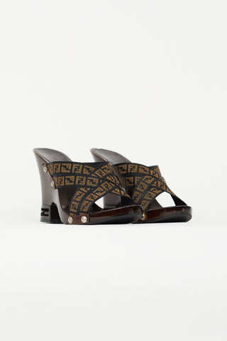 Fendi Vintage Brown Zucca Wooden Heel