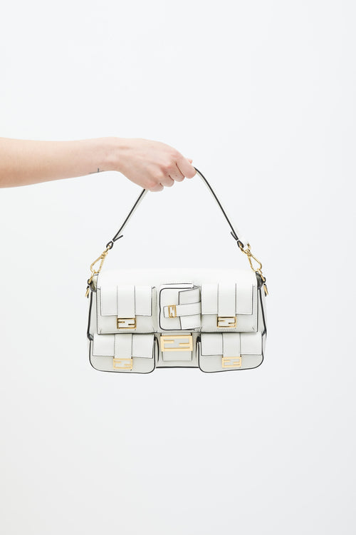 Fendi White 
Gold Leather Multipocket Baguette Bag