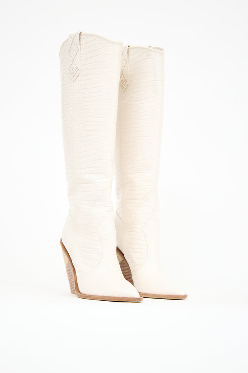 Fendi White Leather Tall Western Boot