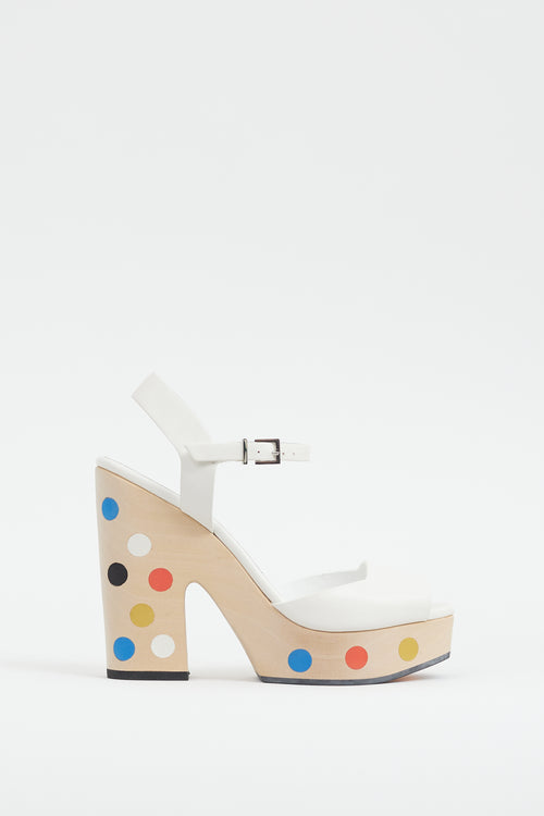 Fendi White 
Multi Dots Wooden Platform Sandal