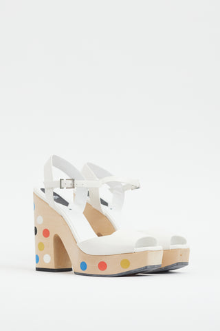 Fendi White 
Multi Dots Wooden Platform Sandal