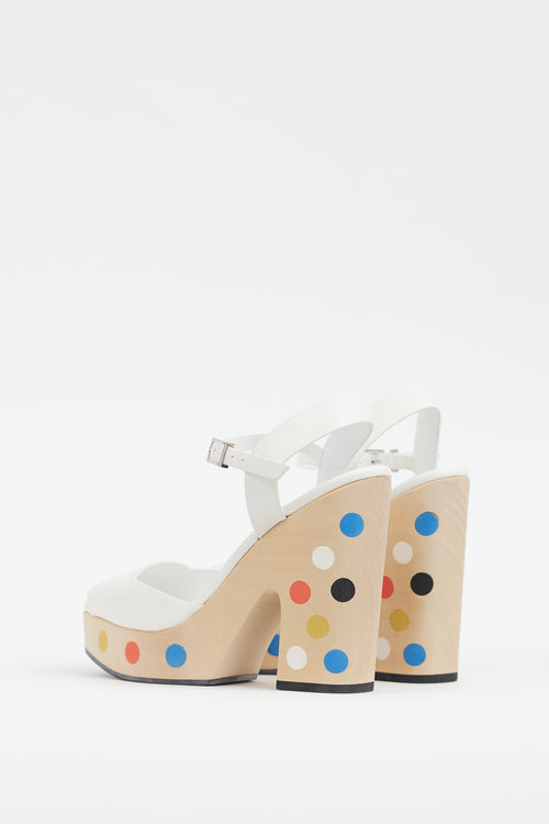 Fendi White 
Multi Dots Wooden Platform Sandal