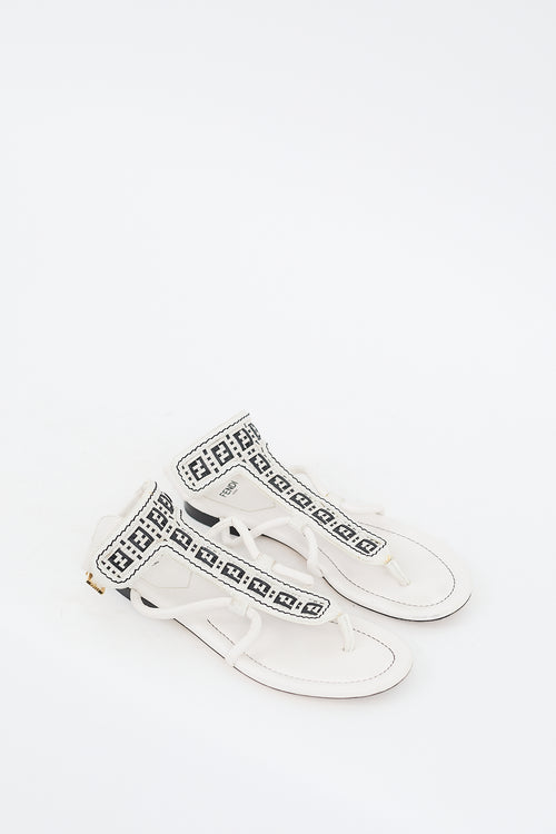 Fendi White 
Black Leather Woven FF Strap Sandal